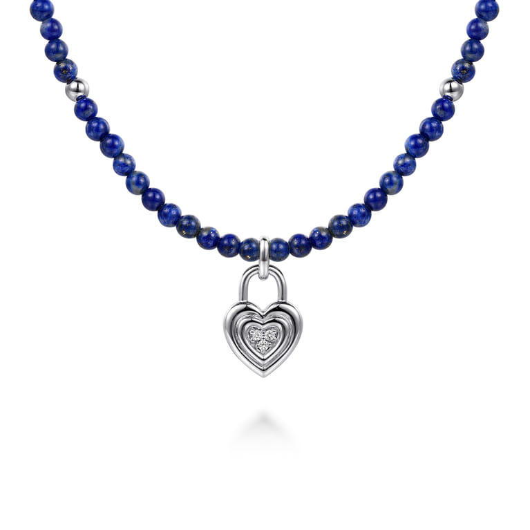 925 Sterling Silver White Sapphire Lock and Lapis Bead Pendant Necklace - Shot 1