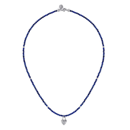 925 Sterling Silver White Sapphire Lock and Lapis Bead Pendant Necklace