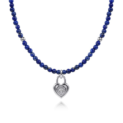 925 Sterling Silver White Sapphire Lock and Lapis Bead Pendant Necklace
