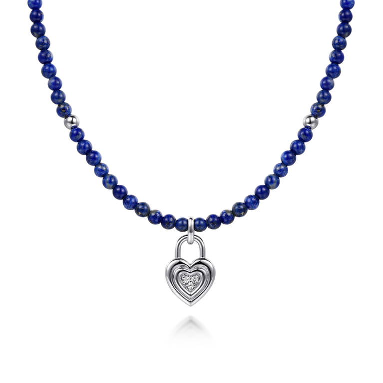 925 Sterling Silver White Sapphire Lock and Lapis Bead Pendant Necklace - Shot 1