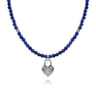 925 Sterling Silver White Sapphire Lock and Lapis Bead Pendant Necklace