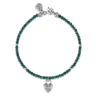 925 Sterling Silver White Sapphire Lock and Malachite Bead Bracelet