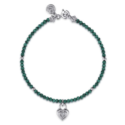 925 Sterling Silver White Sapphire Lock and Malachite Bead Bracelet