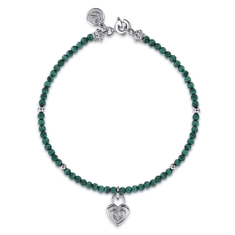 925 Sterling Silver White Sapphire Lock and Malachite Bead Bracelet - Shot 1