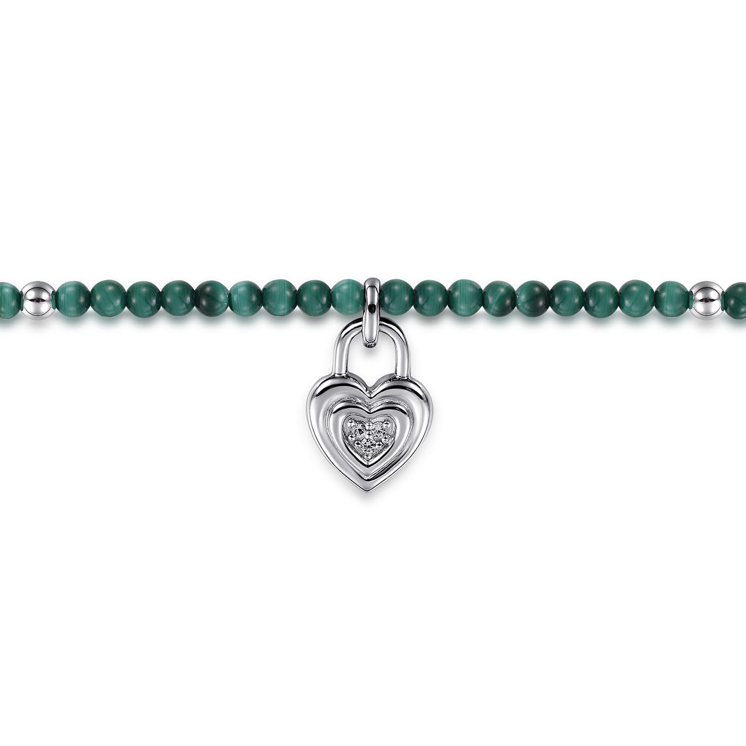 925 Sterling Silver White Sapphire Lock and Malachite Bead Bracelet - Shot 2