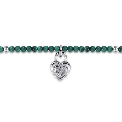 925 Sterling Silver White Sapphire Lock and Malachite Bead Bracelet
