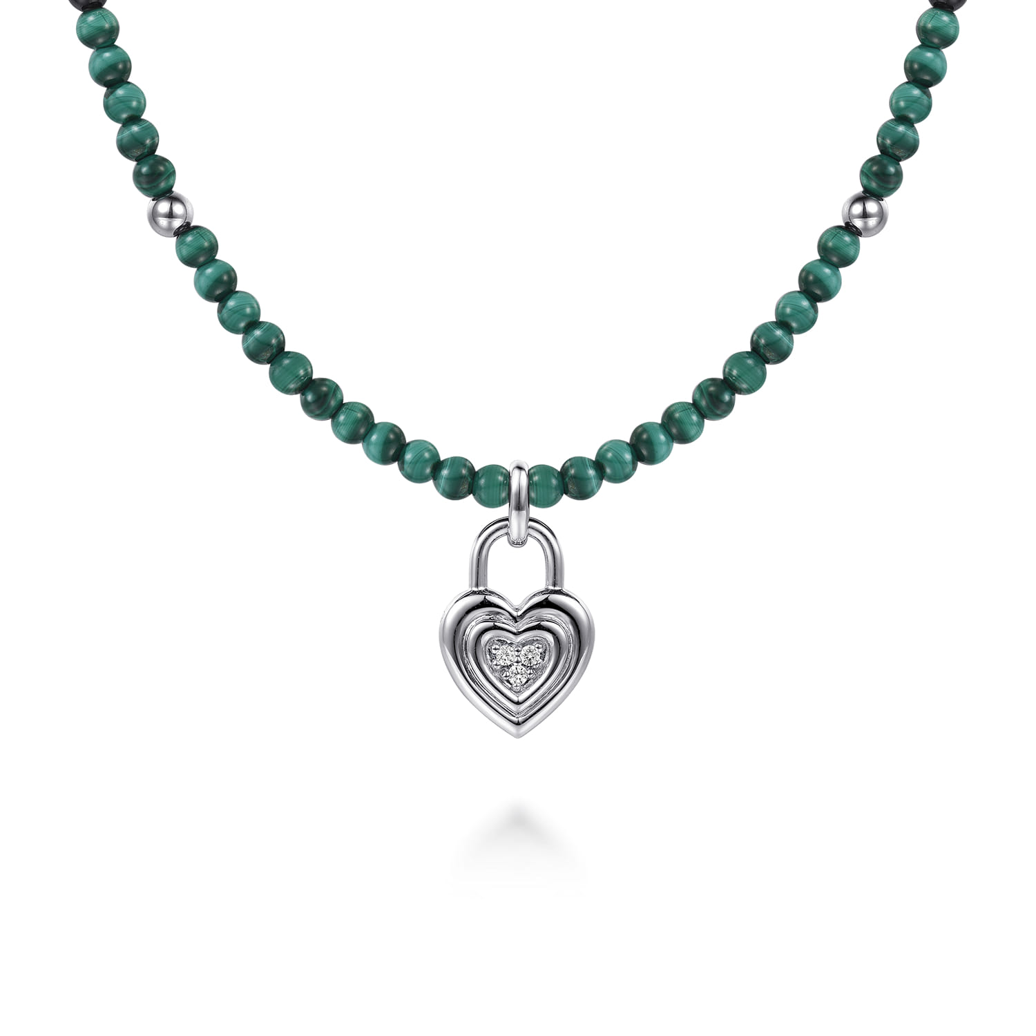 925 Sterling Silver White Sapphire Lock and Malachite Bead Pendant Necklace - Shot 1
