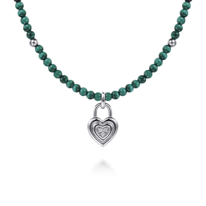 925 Sterling Silver White Sapphire Lock and Malachite Bead Pendant Necklace