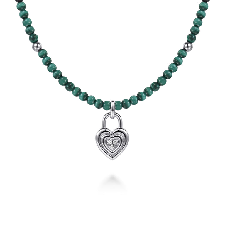 925 Sterling Silver White Sapphire Lock and Malachite Bead Pendant Necklace - Shot 1