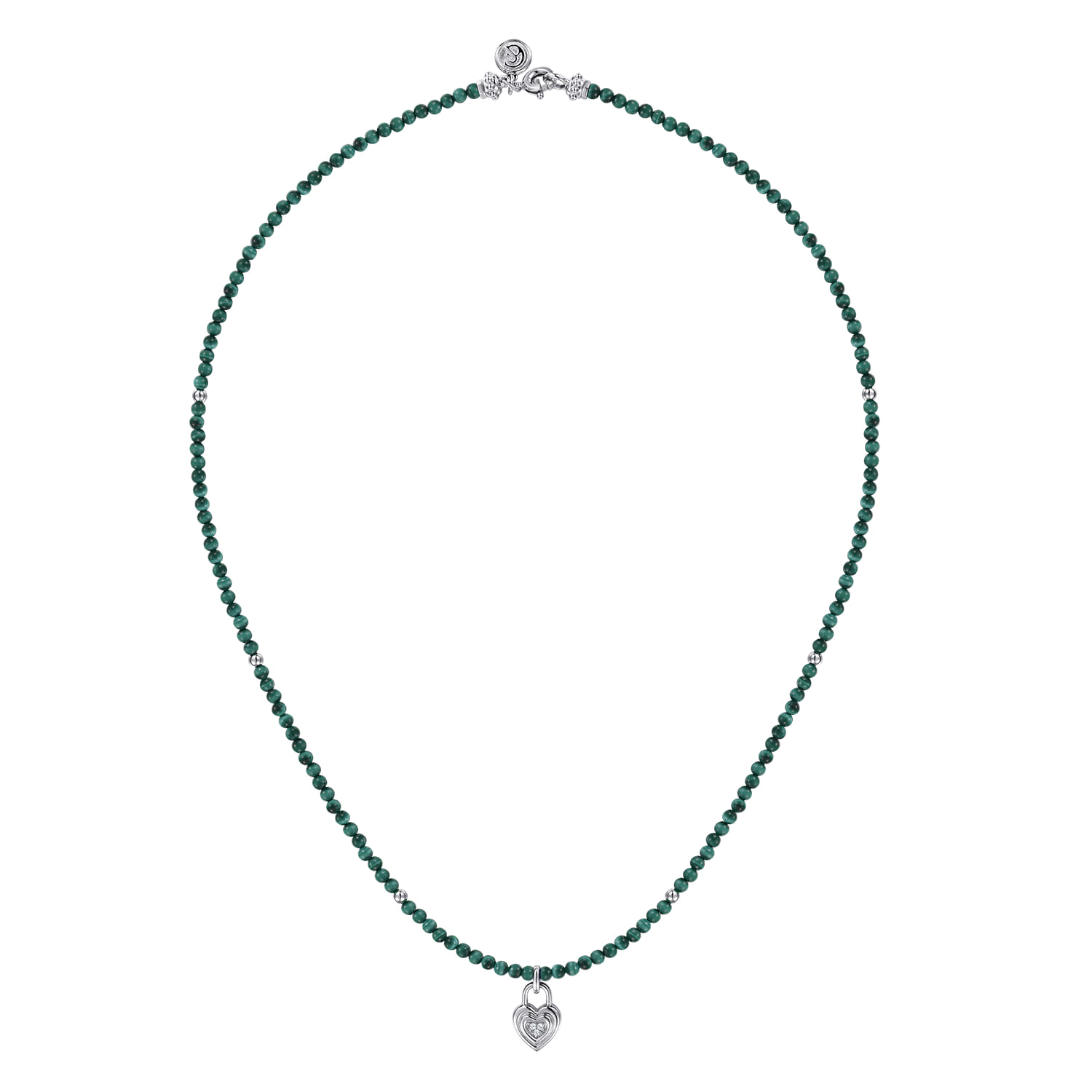 925 Sterling Silver White Sapphire Lock and Malachite Bead Pendant Necklace - Shot 2