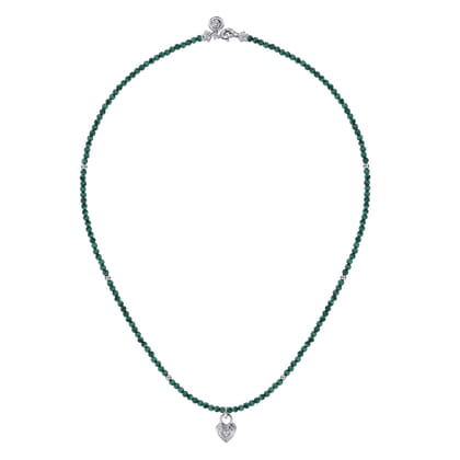 925 Sterling Silver White Sapphire Lock and Malachite Bead Pendant Necklace