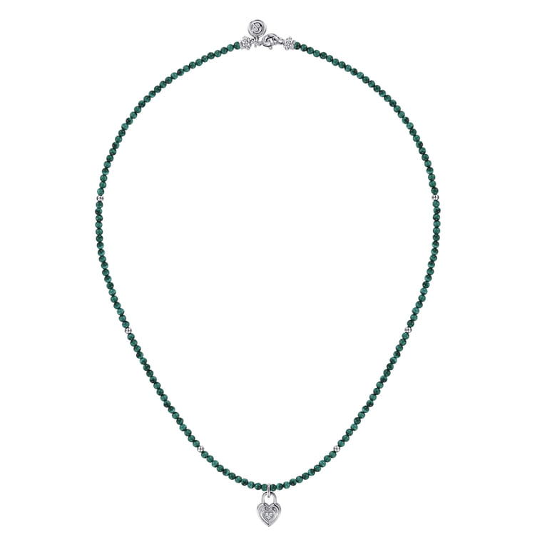 925 Sterling Silver White Sapphire Lock and Malachite Bead Pendant Necklace - Shot 2