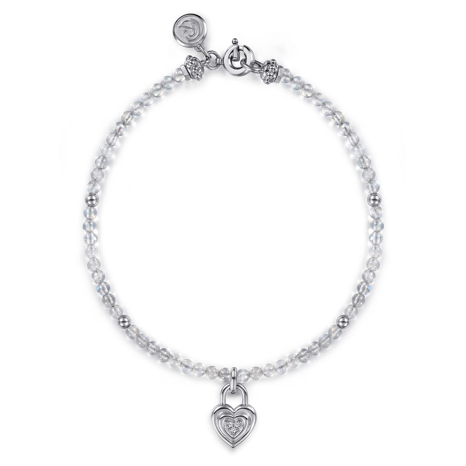 925 Sterling Silver White Sapphire Lock and Moon Stone Bead Bracelet - Shot 1