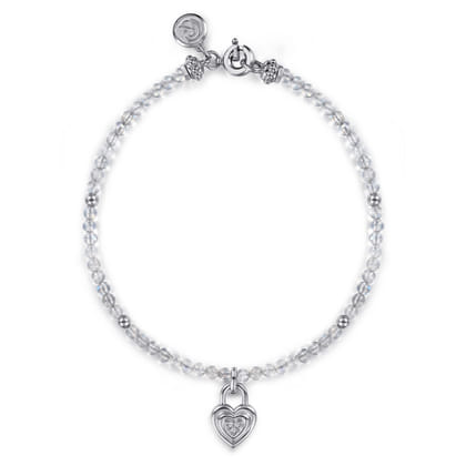 925 Sterling Silver White Sapphire Lock and Moon Stone Bead Bracelet