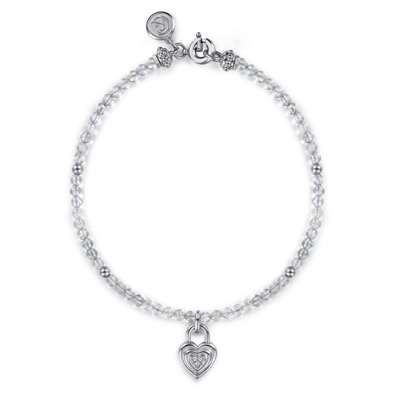 925 Sterling Silver White Sapphire Lock and Moon Stone Bead Bracelet - Shot 1