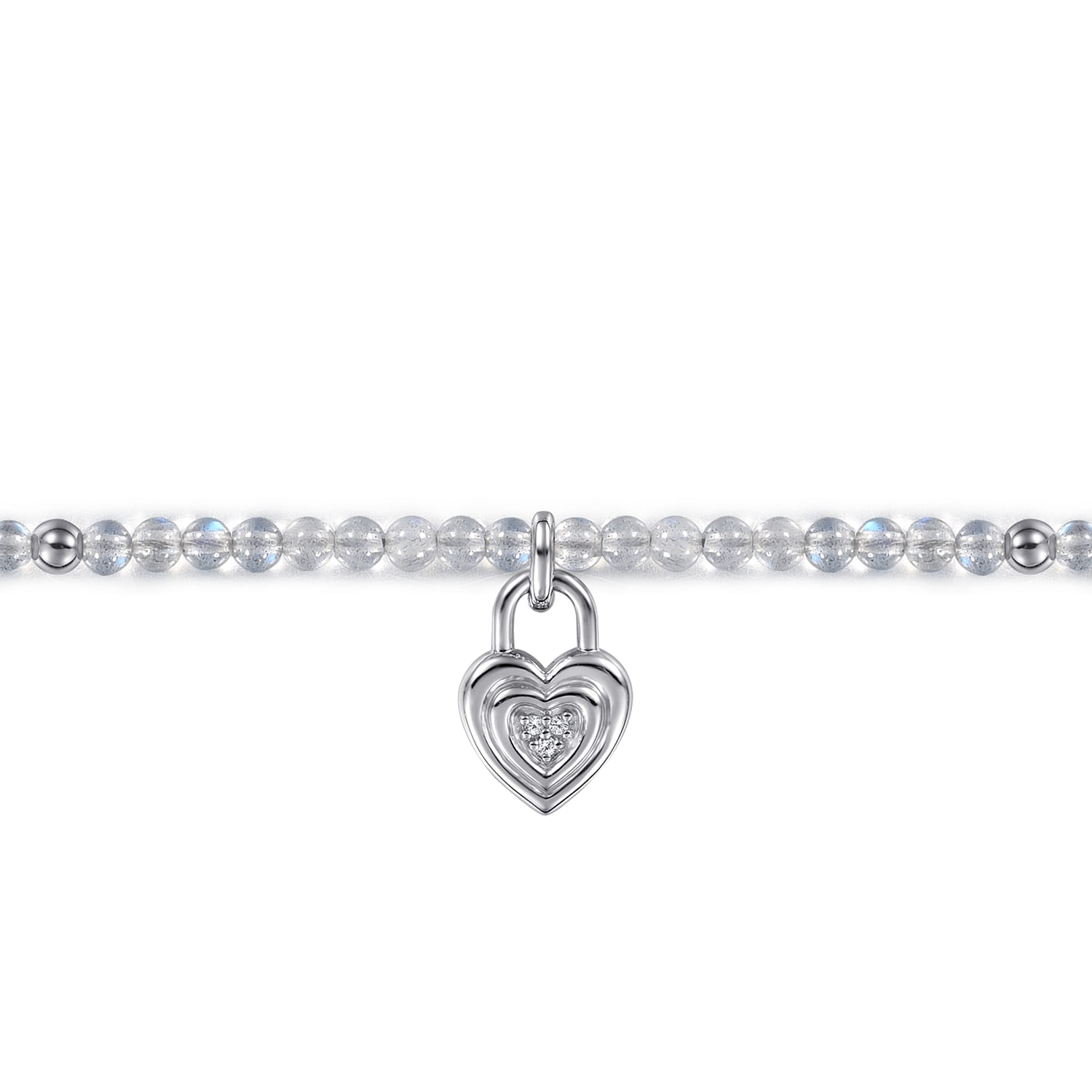 925 Sterling Silver White Sapphire Lock and Moon Stone Bead Bracelet - Shot 2