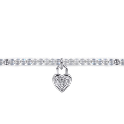 925 Sterling Silver White Sapphire Lock and Moon Stone Bead Bracelet