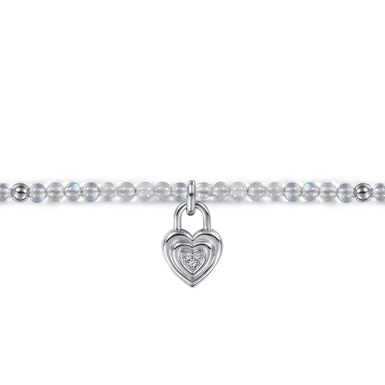 925 Sterling Silver White Sapphire Lock and Moon Stone Bead Bracelet - Shot 2