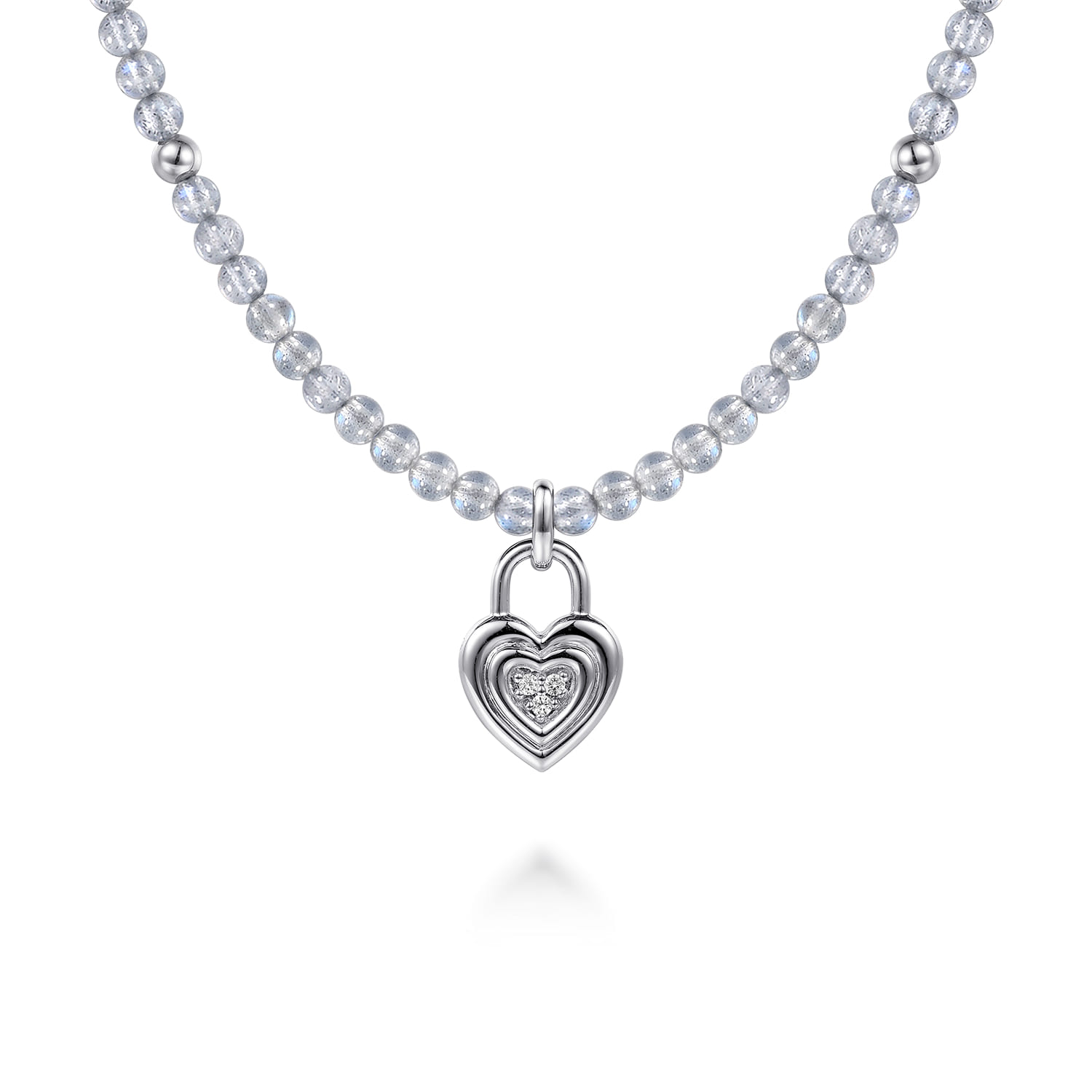 925 Sterling Silver White Sapphire Lock and Moon Stone Bead Pendant Necklace - Shot 1