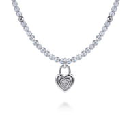 925 Sterling Silver White Sapphire Lock and Moon Stone Bead Pendant Necklace