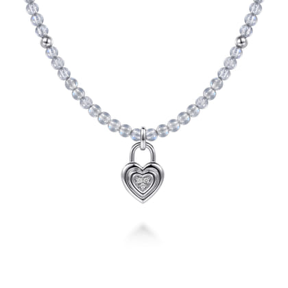 925 Sterling Silver White Sapphire Lock and Moon Stone Bead Pendant Necklace