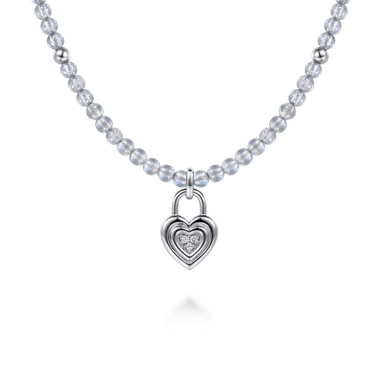 925 Sterling Silver White Sapphire Lock and Moon Stone Bead Pendant Necklace - Shot 1
