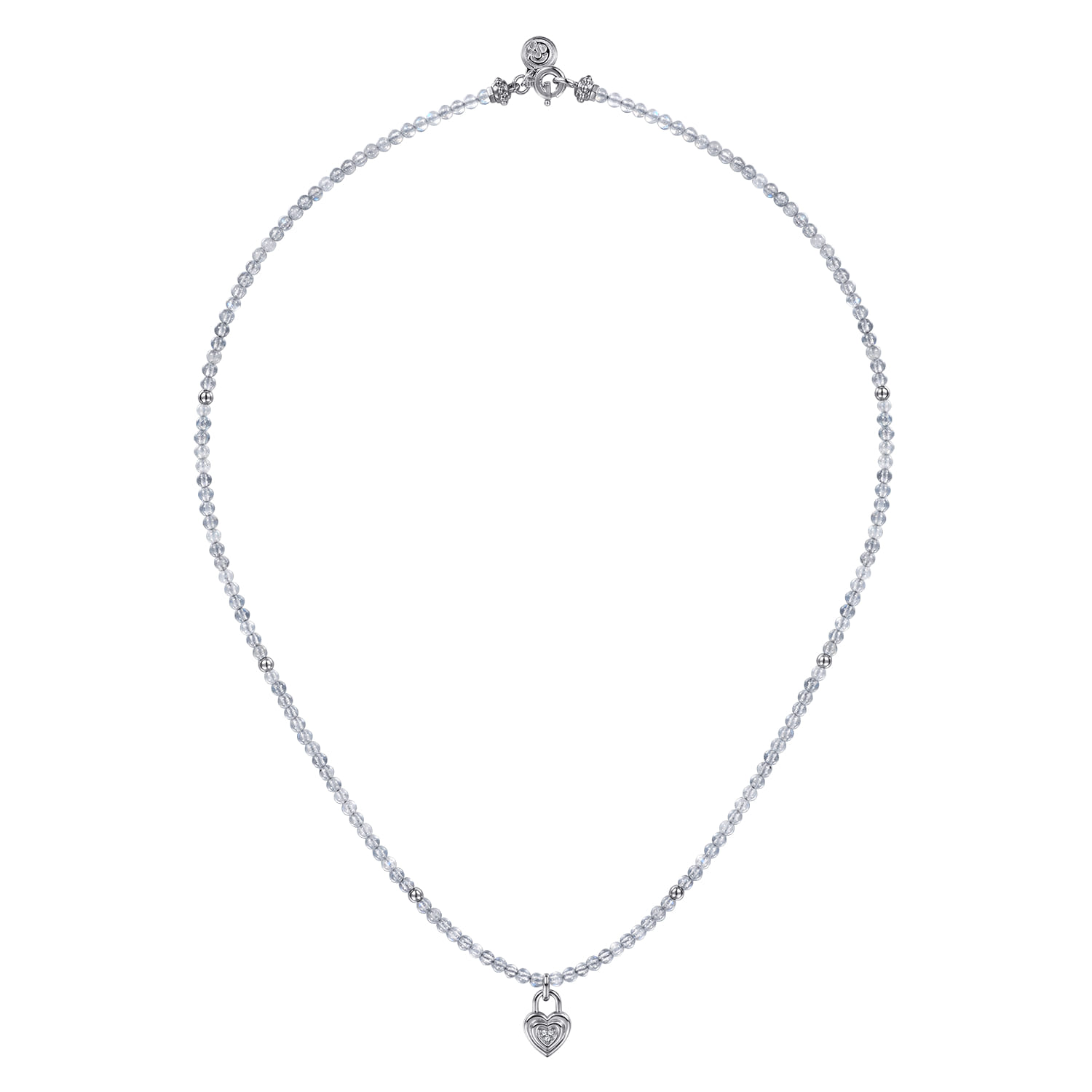 925 Sterling Silver White Sapphire Lock and Moon Stone Bead Pendant Necklace - Shot 2