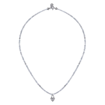 925 Sterling Silver White Sapphire Lock and Moon Stone Bead Pendant Necklace
