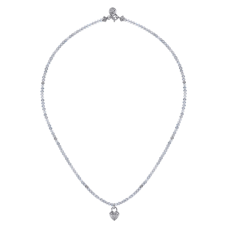 925 Sterling Silver White Sapphire Lock and Moon Stone Bead Pendant Necklace - Shot 2