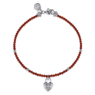925 Sterling Silver White Sapphire Lock and Red Agate Bead Bracelet