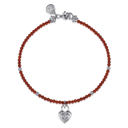 925 Sterling Silver White Sapphire Lock and Red Agate Bead Bracelet