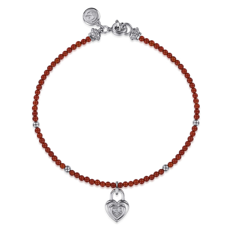 925 Sterling Silver White Sapphire Lock and Red Agate Bead Bracelet - Shot 1