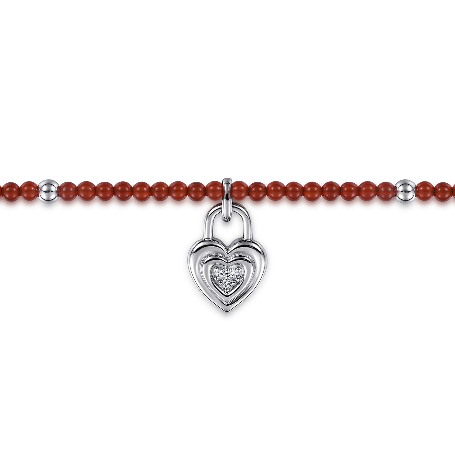 925 Sterling Silver White Sapphire Lock and Red Agate Bead Bracelet - Shot 2