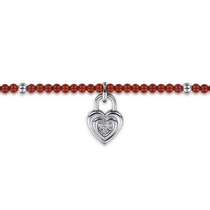 925 Sterling Silver White Sapphire Lock and Red Agate Bead Bracelet