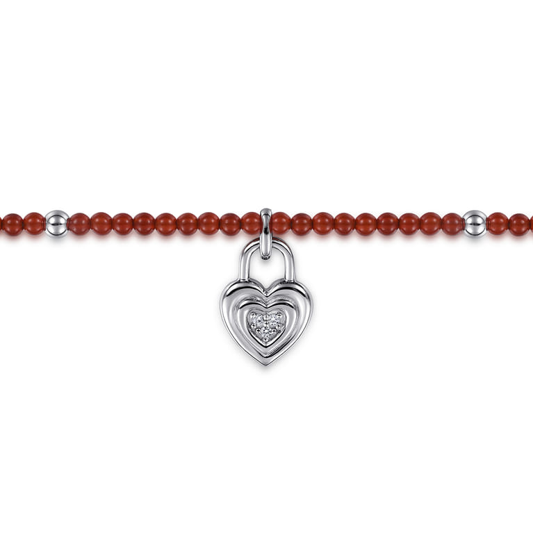 925 Sterling Silver White Sapphire Lock and Red Agate Bead Bracelet - Shot 2