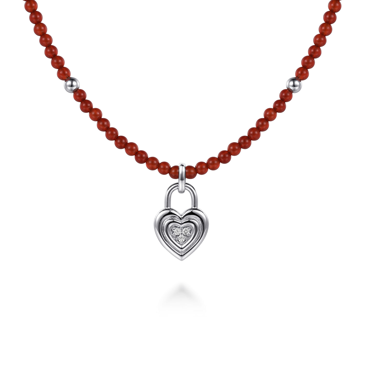 925 Sterling Silver White Sapphire Lock and Red Agate Bead Pendant Necklace - Shot 1