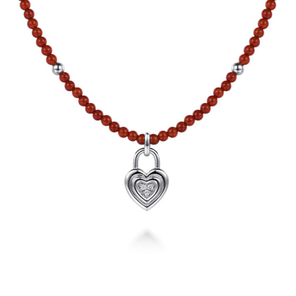 925 Sterling Silver White Sapphire Lock and Red Agate Bead Pendant Necklace
