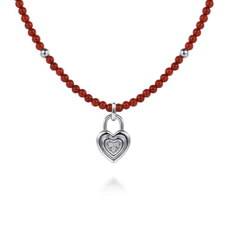 925 Sterling Silver White Sapphire Lock and Red Agate Bead Pendant Necklace - Shot 1