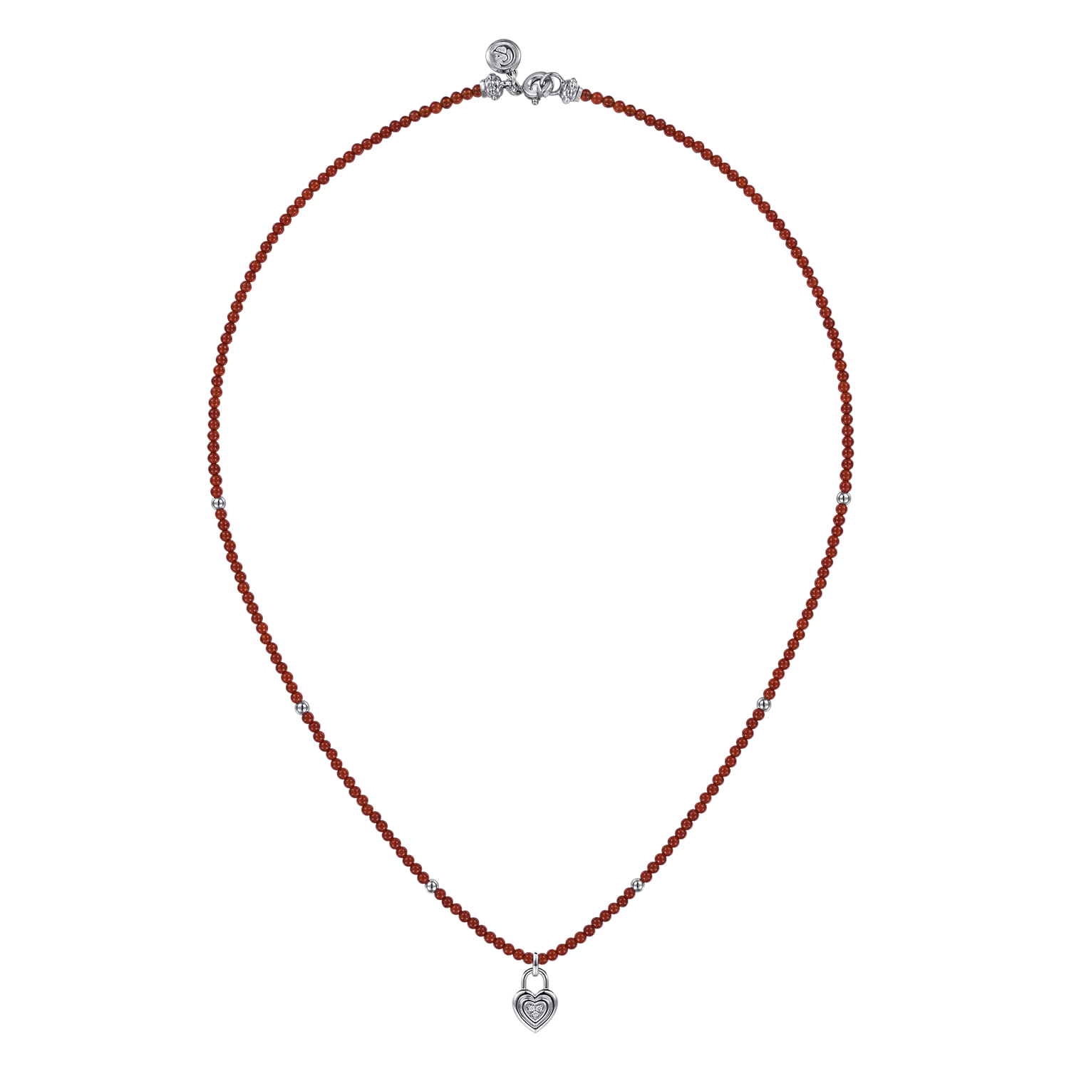 925 Sterling Silver White Sapphire Lock and Red Agate Bead Pendant Necklace - Shot 2