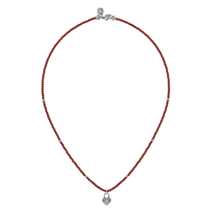 925 Sterling Silver White Sapphire Lock and Red Agate Bead Pendant Necklace