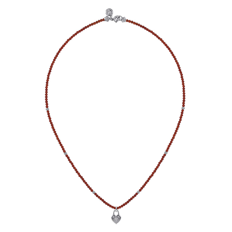 925 Sterling Silver White Sapphire Lock and Red Agate Bead Pendant Necklace - Shot 2
