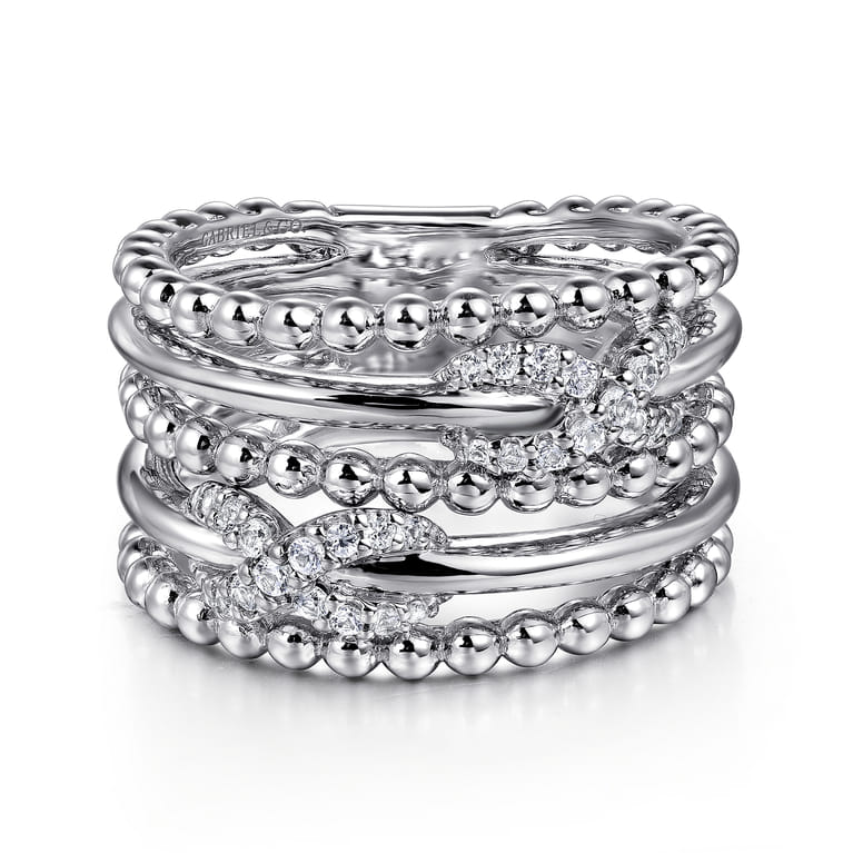 925 Sterling Silver White Sapphire Multi Row Bujukan Easy Stackable Ring - Shot 1