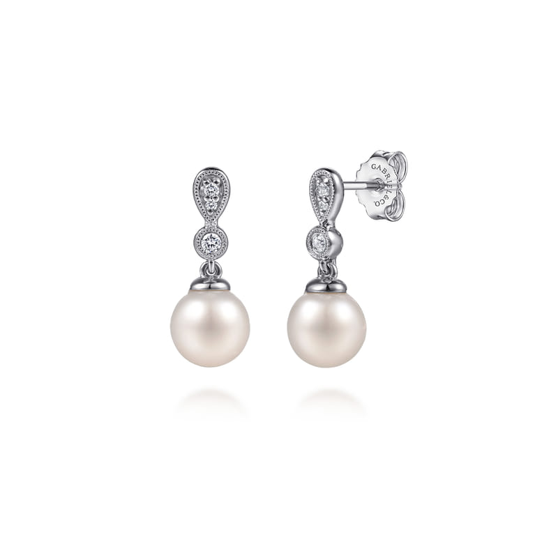 925 Sterling Silver White Sapphire and Mother of Pearl Stud Drop Earrings - Shot 1