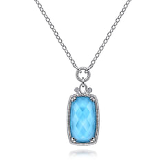 925 Sterling Silver White Sapphire and Rock Crystal Turquoise Pendant Necklace