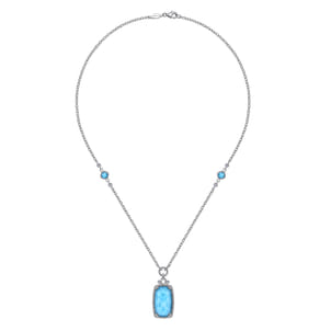 925 Sterling Silver White Sapphire and Rock Crystal Turquoise Pendant Necklace