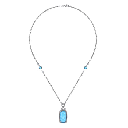 925 Sterling Silver White Sapphire and Rock Crystal Turquoise Pendant Necklace