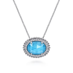 925 Sterling Silver White Sapphire and Rock Crystal and Turquoise Pendant Necklace