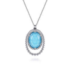 925 Sterling Silver White Sapphire and Rock Crystal and Turquoise Pendant Necklace