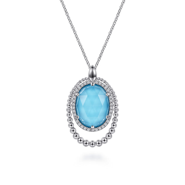 925 Sterling Silver White Sapphire and Rock Crystal and Turquoise Pendant Necklace - Shot 1