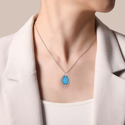 925 Sterling Silver White Sapphire and Rock Crystal and Turquoise Pendant Necklace